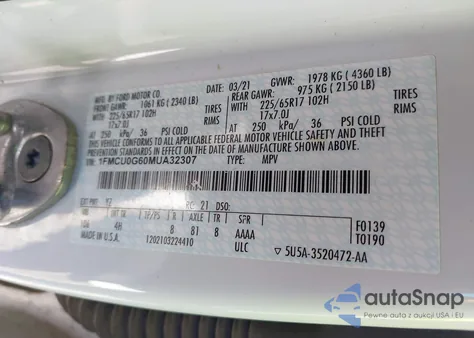 2021 Ford Escape Se из США, поврежденный, VIN 1FMCU0G60MUA32307